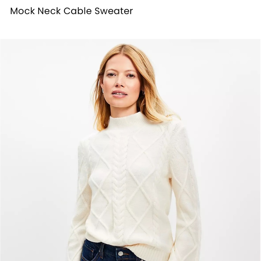 LOFT Cream Cable Knit Mock neck Sweater - Picture 5 of 5